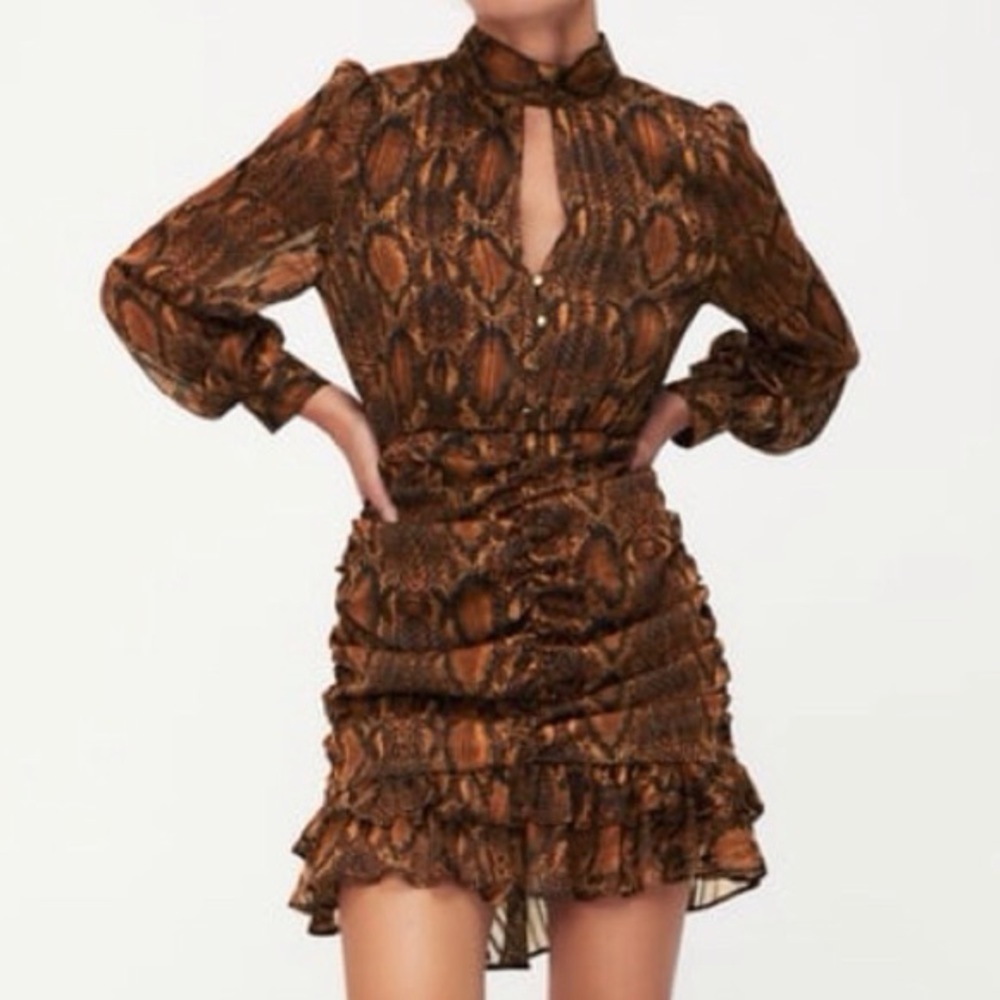 Zara Womn S Brown Snakeskin Print Long Sleeve Ruched Draped Mock Neck Mini Dress